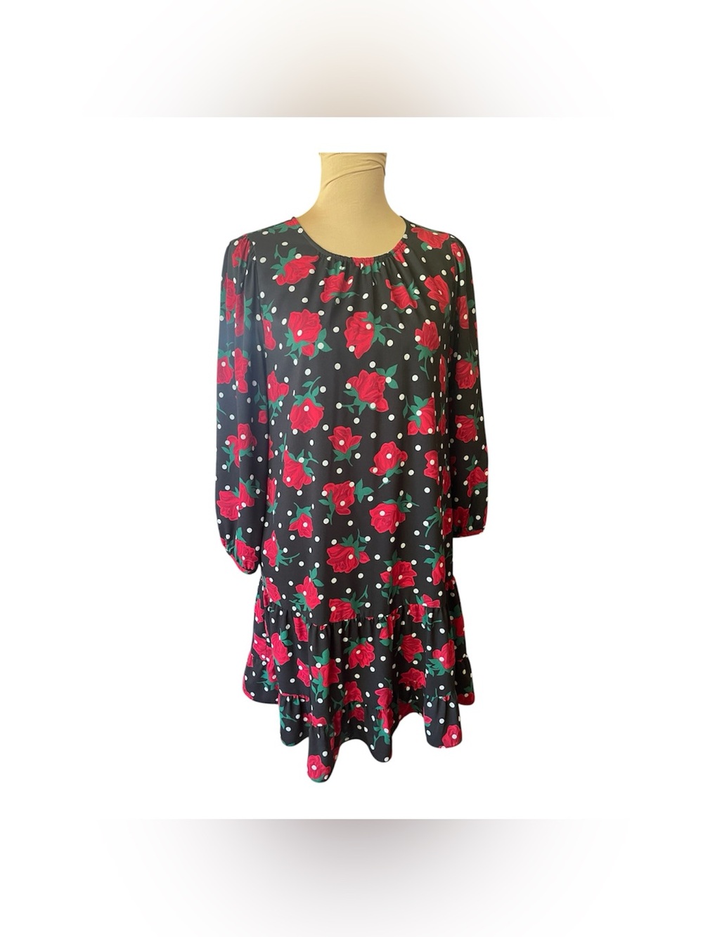 Kate Spade Black Floral Polka Dot Dress Red Roses size M